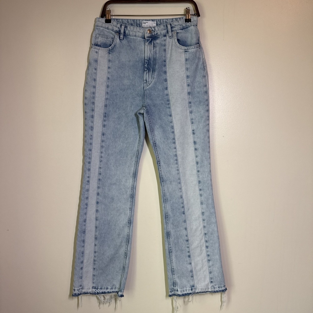 Bershka Jeans Deconstructed High Rise Flare Cotton Lightwash‎ Denim Size 6